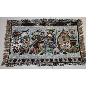 Vintage Tapestry Throw Rug Runner Teddy Bears And Potting Shed 32"x18"‎ Cottage
